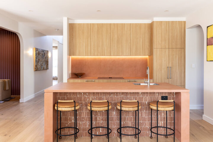 Palm Springs Home Design Kitchen with pink stone benchtop and timber joinery