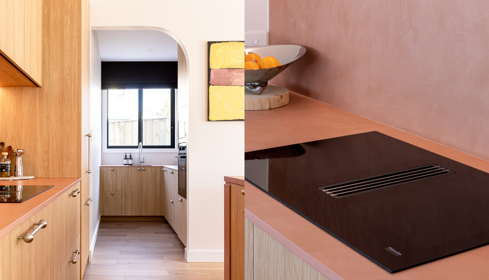 Palm Springs Home Design Kitchen with curved butlers pantry entrance and induction cooktop