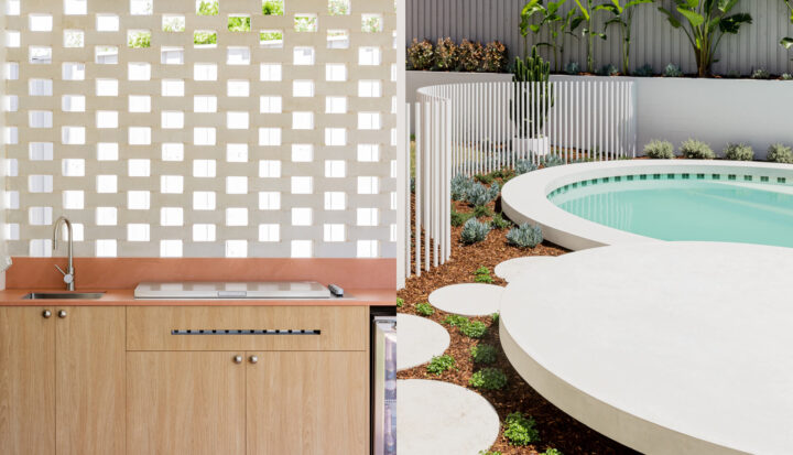 Palm Springs Home Design Outdoor BBQ with breezeblock and circular Pool