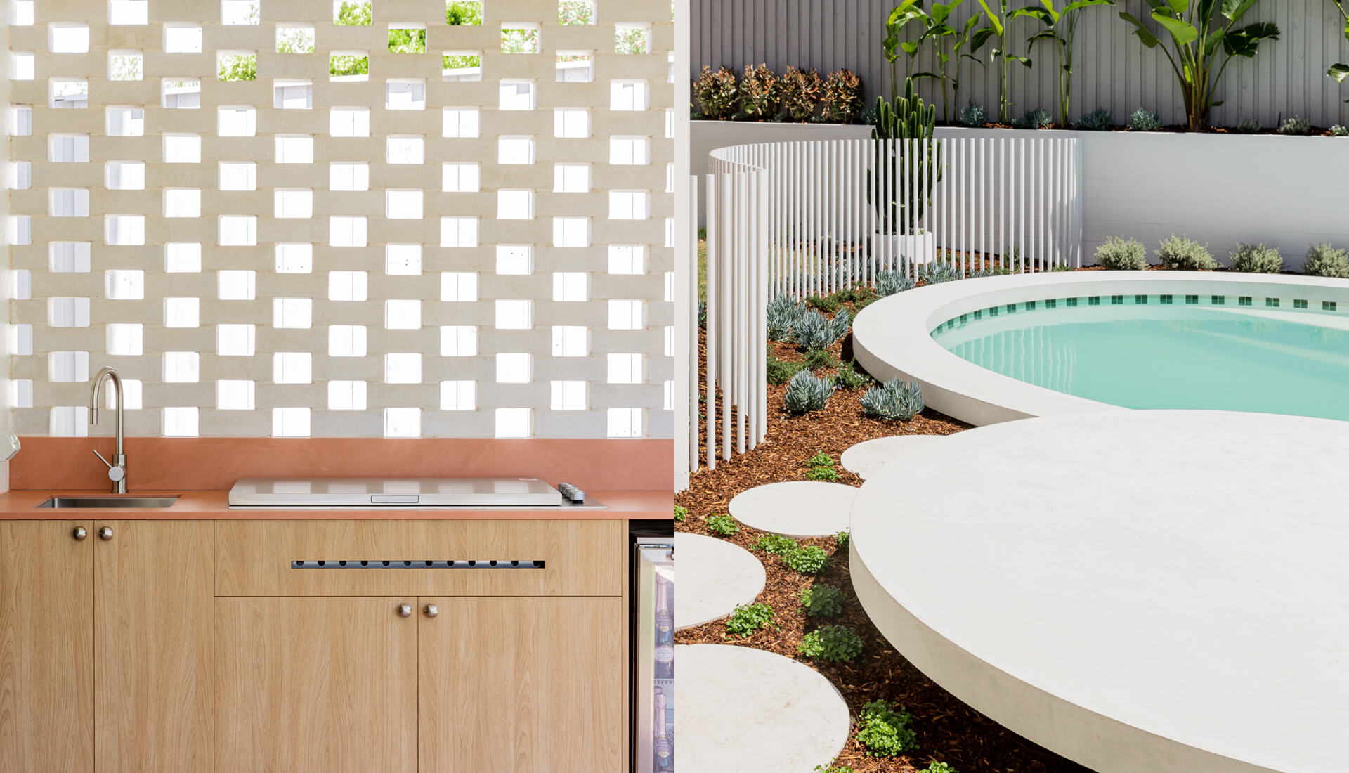 Palm Springs Home Design Outdoor BBQ with breezeblock and circular Pool