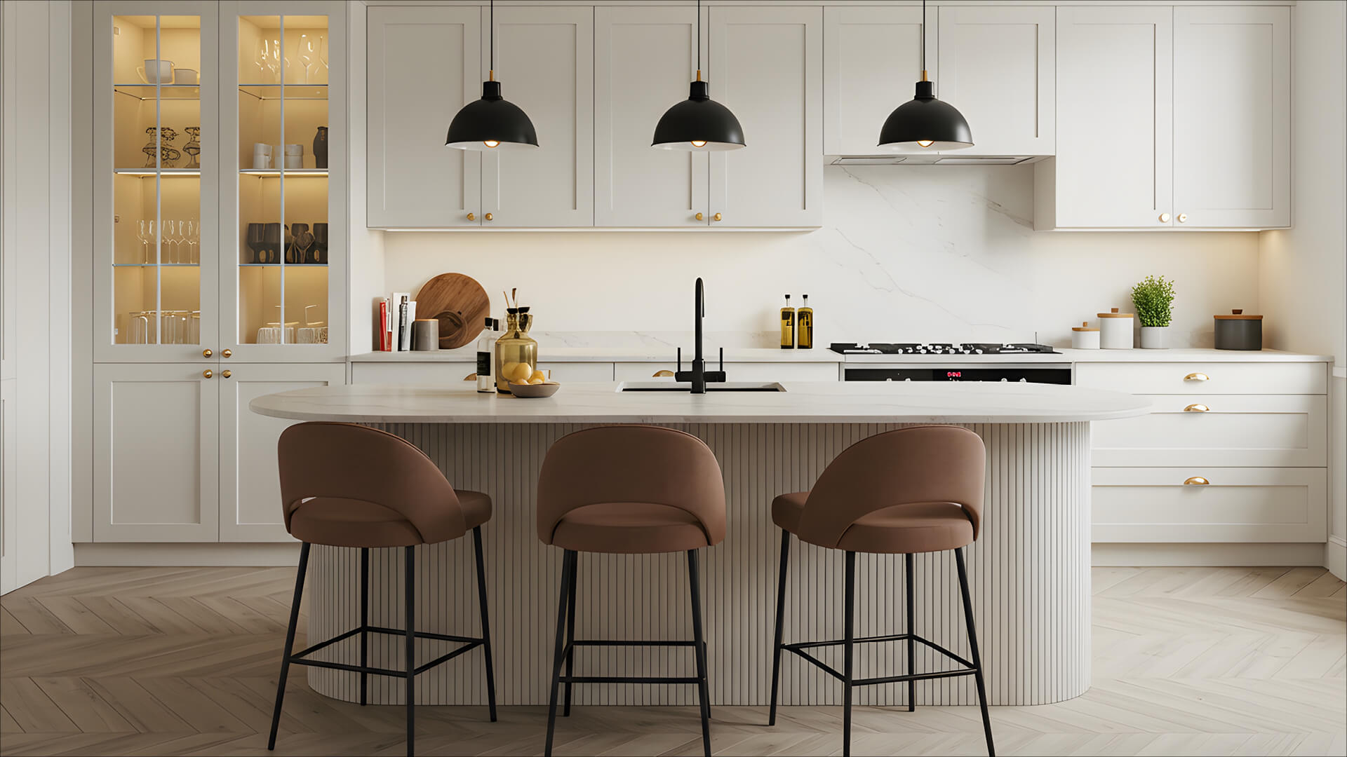 Kitchen with curved island bench