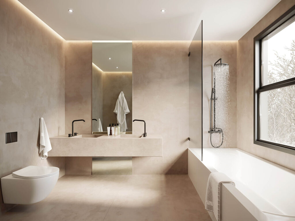 Luxury Bathroom with Material Drenching on walls and floor